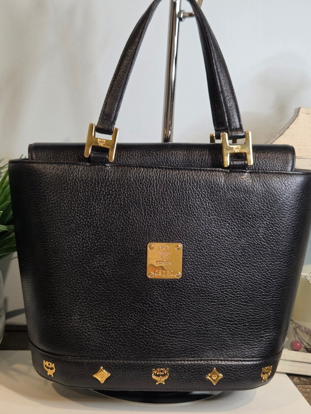 MCM Rare Vtg Michael Cromer Era München Black Pebbled Leather Studded Bag.